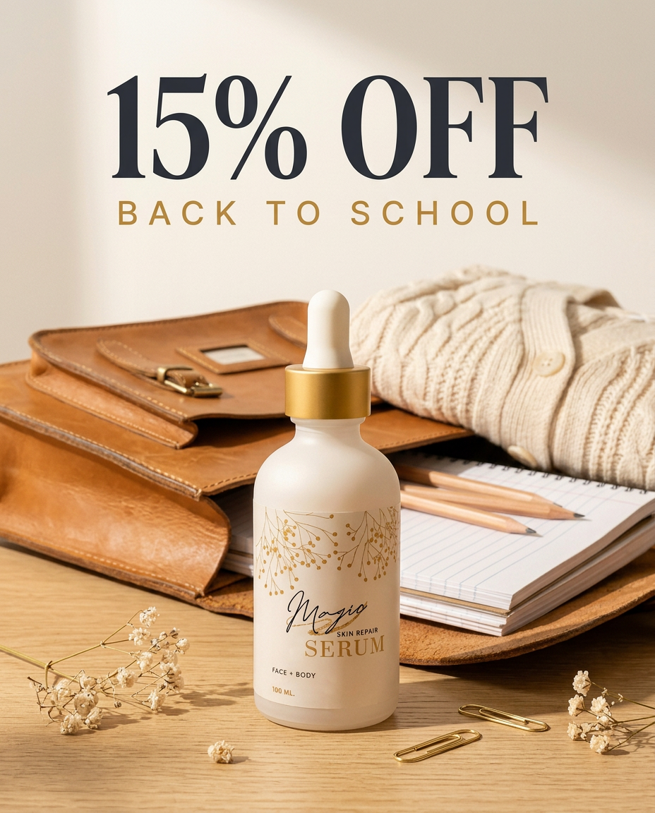 Magic Skin Repair Serum beside a leather satchel and notebook — 15% off Back to School sale
