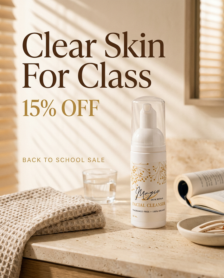 Magic Skin Repair Facial Cleanser in morning light — Clear Skin For Class, 15% off Back to School sale