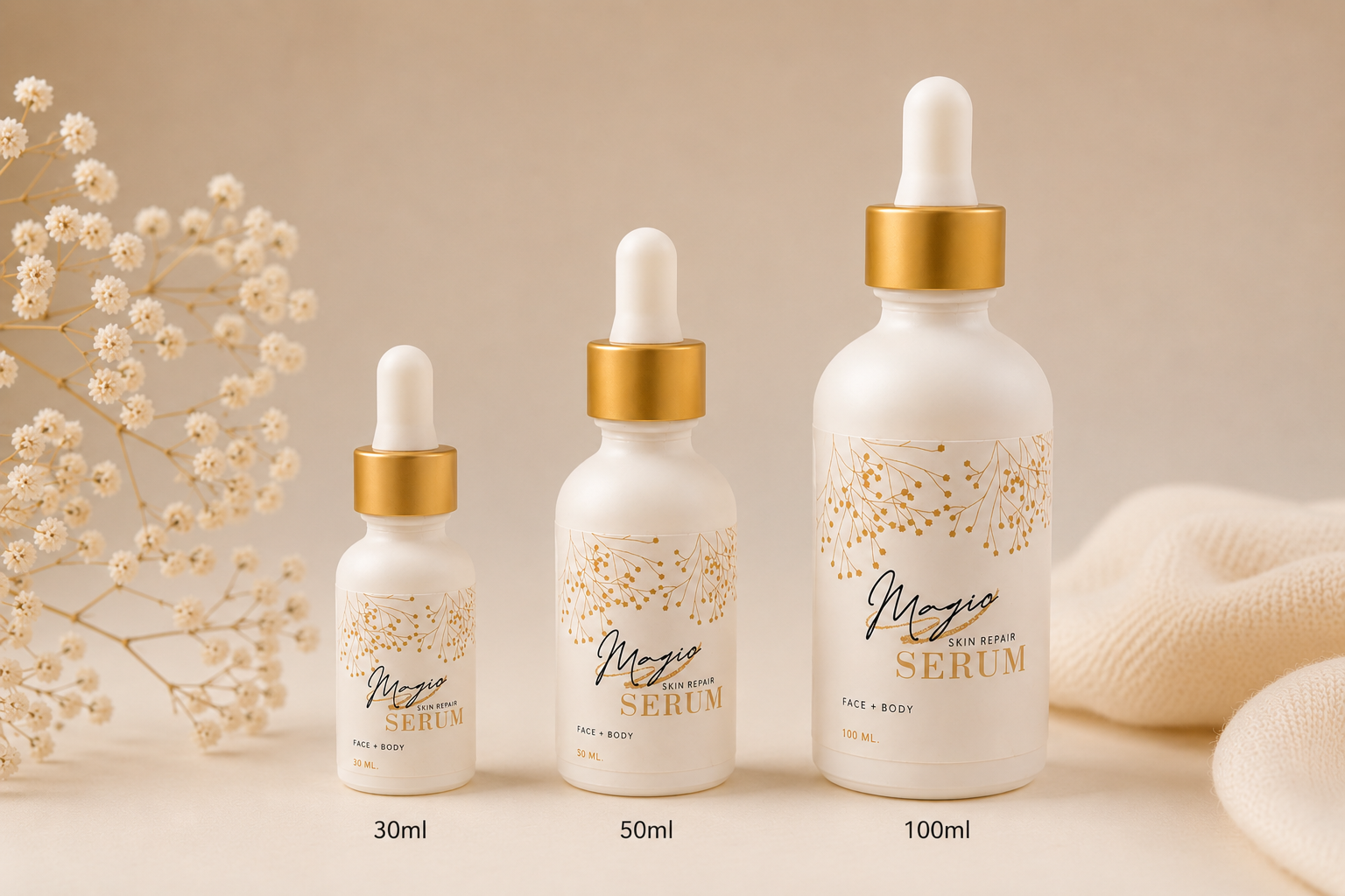 Magic Skin Repair Serum in 30ml, 50ml, and 100ml sizes